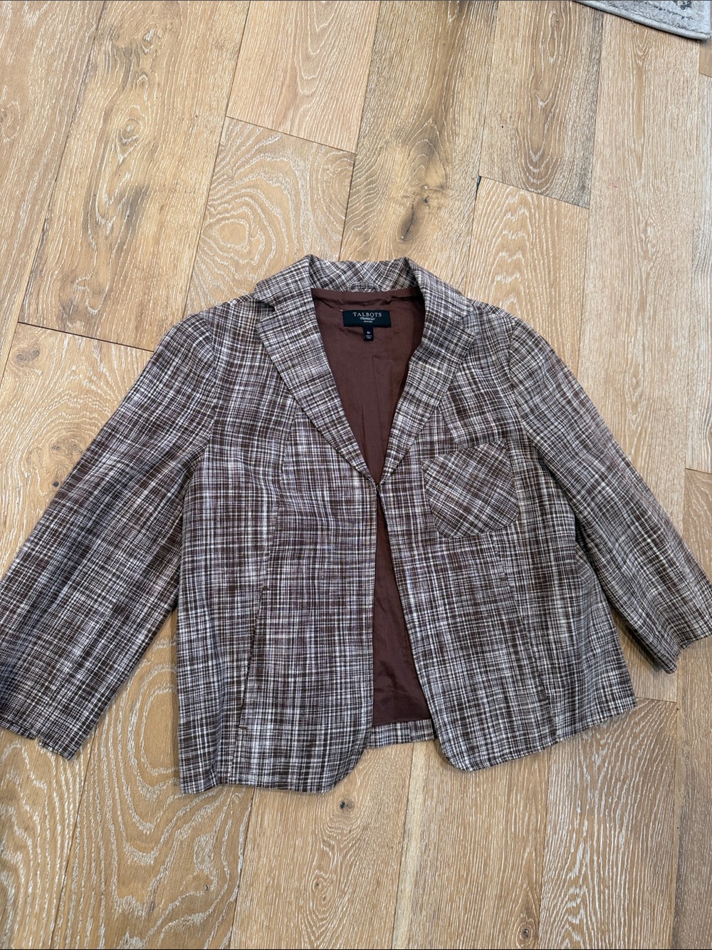 Talbots Linen Blend Brown and White Plaid Blazer Size 8 Petite